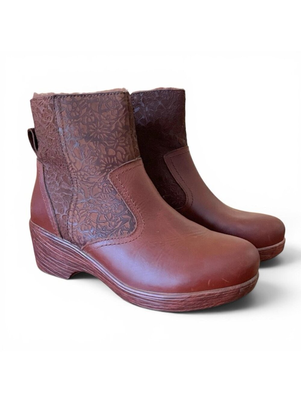 Alegria Womens Scarlett Boot Sz 37 US 7 7.5 Brown Tooled Leather Sherpa Lining
